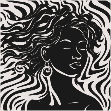 Soyut sanat vektörü, Afrikalı kadın yüzünün çizimini çiziyor. Kız portresinin siyah beyaz renkli sayfası. Modern baskı, poster resmi