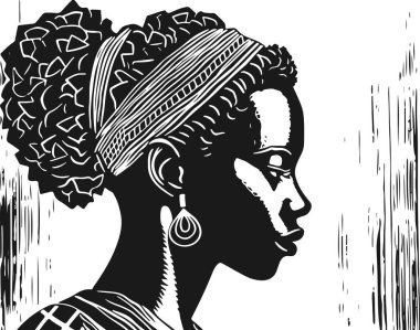 Soyut sanat vektörü, Afrikalı kadın yüzünün çizimini çiziyor. Kız portresinin siyah beyaz renkli sayfası. Modern baskı, poster resmi