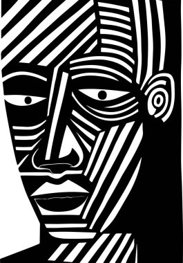 Soyut sanat vektörü, Afrikalı bir adamın yüzünün çizimini çiziyor. İnsan portresinin siyah beyaz renkli sayfası. Modern baskı, poster resmi.