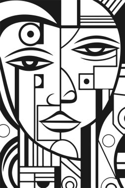 Soyut sanat vektörü, kadın ve erkek portresini özetliyor. İnsan yüzlerinin siyah beyaz renkli sayfası