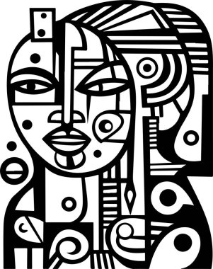 Soyut sanat vektörü, kadın ve erkek portresini özetliyor. İnsan yüzlerinin siyah beyaz renkli sayfası