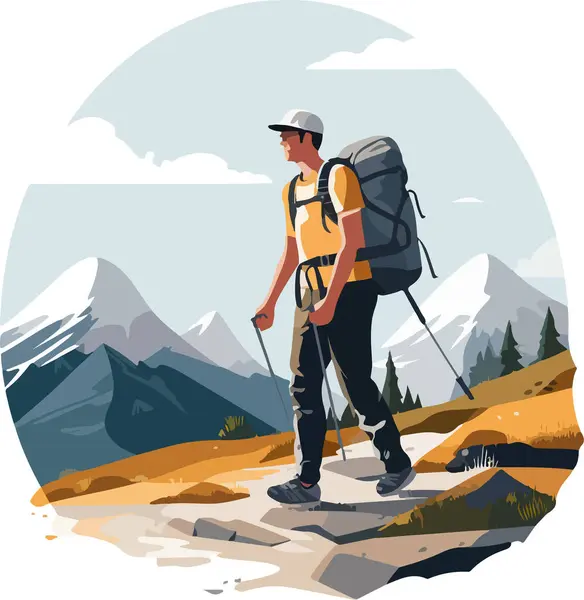 Randonneur Personne Randonnée Trekking Avec Sac Dos Marche Dans Forêt Illustrations De Stock Libres De Droits