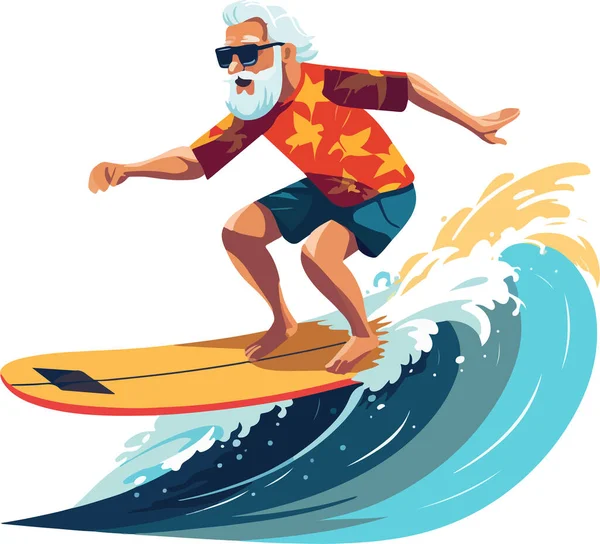 Vector Flat Style Illustration Vieil Homme Sur Planche Surf Vagues Vecteurs De Stock Libres De Droits