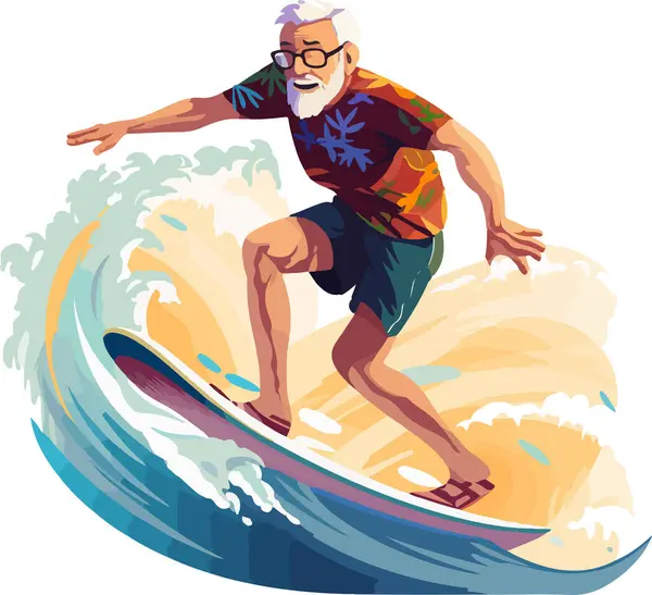 Vector Flat Style Illustration Old Man Surfboard Surfing Waves Sporty Royalty Free Stock Illustrations