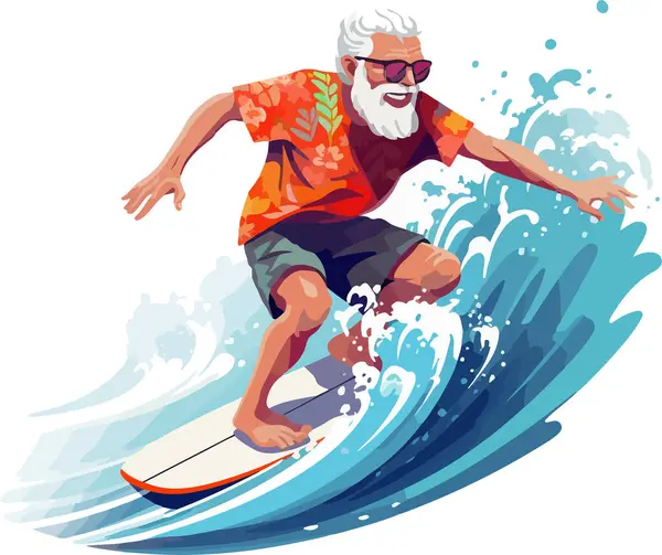 Vector Flat Style Illustration Old Man Surfboard Surfing Waves Sporty Royalty Free Stock Illustrations