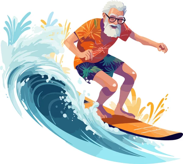Vector Flat Style Illustration Old Man Surfboard Surfing Waves Sporty Stock Vector