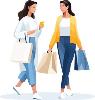 Alışveriş yaptıktan sonra iki çekici ve şık kadın ellerinde giysilerle paket taşıyorlar. Mükemmel bir stili olan soyutlanmış konsept kız karakteri. Vektör illüstrasyonu