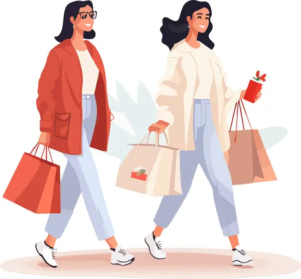 Young Attractive Fashionable Womans Holding Packages Clothes Shopping Isolated Concept Vector Graphics