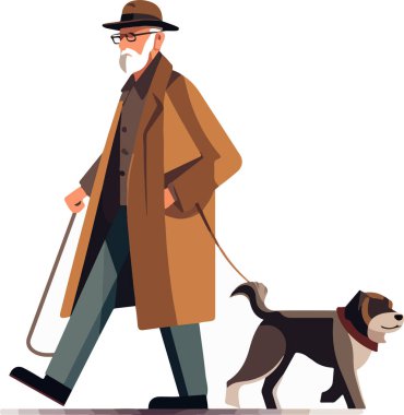 Yaşlı bir adam sevimli köpeğiyle yürüyor. Mutlu evcil hayvan sahibi. Sevimli köpek arkadaşım. Düz vektör illüstrasyonu