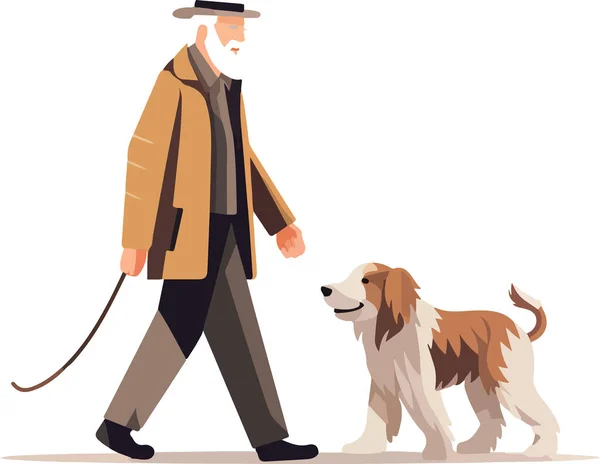 Vecchio Che Cammina Con Suo Cane Carino Felice Proprietario Animali Illustrazione Stock