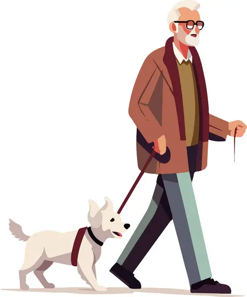 Old Man Walking His Cute Dog Happy Pet Owner Adorable Vector Graphics