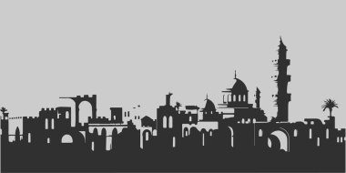 Yüksek binaları ve kilisesi olan bir şehir silueti. Tek renkli yalıtılmış vektör şehir manzarası.