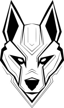 Siyah beyaz bir kurt resmi. Kurdun yüzünde tehditkar bir ifade var. Tehlike ve güç kavramı. Gelecekçi, siber kurt kafası logosu şablonu