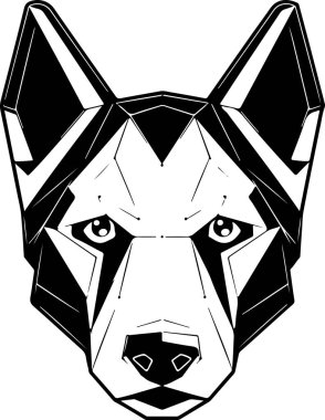 Siyah beyaz bir kurt resmi. Kurdun yüzünde tehditkar bir ifade var. Tehlike ve güç kavramı. Gelecekçi, siber kurt kafası logosu şablonu