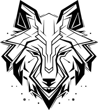 Siyah beyaz bir kurt resmi. Kurdun yüzünde tehditkar bir ifade var. Tehlike ve güç kavramı. Gelecekçi, siber kurt kafası logosu şablonu