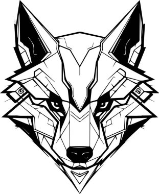 Siyah beyaz bir kurt resmi. Kurdun yüzünde tehditkar bir ifade var. Tehlike ve güç kavramı. Gelecekçi, siber kurt kafası logosu şablonu