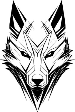 Siyah beyaz bir kurt resmi. Kurdun yüzünde tehditkar bir ifade var. Tehlike ve güç kavramı. Gelecekçi, siber kurt kafası logosu şablonu
