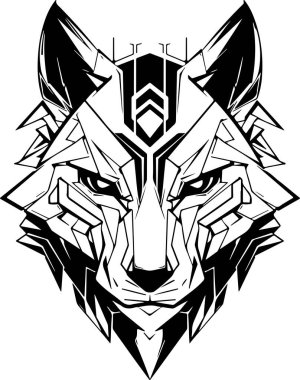 Siyah beyaz bir kurt resmi. Kurdun yüzünde tehditkar bir ifade var. Tehlike ve güç kavramı. Gelecekçi, siber kurt kafası logosu şablonu