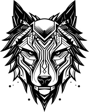 Siyah beyaz bir kurt resmi. Kurdun yüzünde tehditkar bir ifade var. Tehlike ve güç kavramı. Gelecekçi, siber kurt kafası logosu şablonu