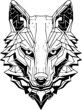 Siyah beyaz bir kurt resmi. Kurdun yüzünde tehditkar bir ifade var. Tehlike ve güç kavramı. Gelecekçi, siber kurt kafası logosu şablonu