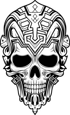 Üzerinde şablon olan bir kafatası. Yazdırma için süslemeli kafatası çizimi.