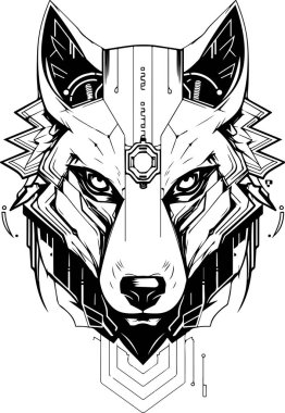 Siyah beyaz bir kurt resmi. Kurdun yüzünde tehditkar bir ifade var. Tehlike ve güç kavramı. Gelecekçi, siber kurt kafası logosu şablonu