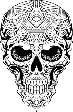 Üzerinde şablon olan bir kafatası. Yazdırma için süslemeli kafatası çizimi.