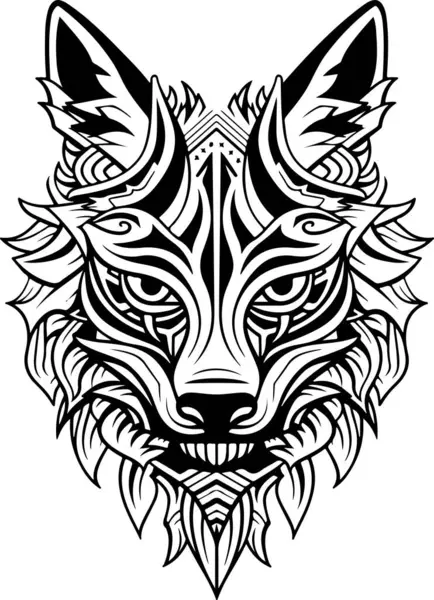 Yeleli bir kurdun siyah beyaz çizimi. Kurdun yüzünde vahşi bir ifade var. Süslü kurt başı logosu şablonu.