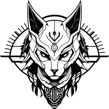 Yüzünde tehditkar bir ifade olan bir sfenks kedisi. Kedi elmas bir şekille çevrilidir.