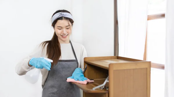 Housewife is cleaning things and Storage cabinet or showcase in the living room, Big cleaning, Housework, Daily routine ,Removes germs and dirt and deep stains, Spray alcohol, Clean up on weekends.