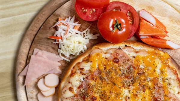 Homemade Ham and Cheese Pizza, Hot pizza big slices of cheese for lunch or dinner topped with Double Cheese, Template with delicious, Promotional poster for restaurant or pizza sale, Text space.