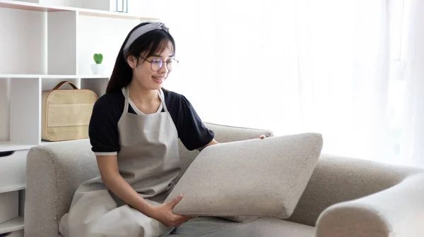 Young housewife tidying the sofa and cleaning in the living room, Big cleaning in the house, Removes germs and dirt and deep stains, Housewife cleaning, Keeping her home clean, Domestic hygiene.