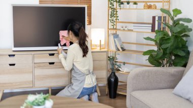 Ev hanımı bir şeyleri temizliyor ve depolama dolabı ya da oturma odasında vitrin, büyük temizlik, ev işi, günlük rutin, mikropları ve kirleri temizliyor ve derin lekeleri, sprey alkolü, hafta sonları temizlik yapıyor..