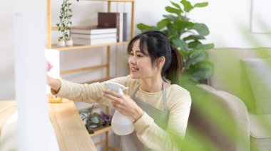 Ev hanımı bir şeyleri temizliyor ve depolama dolabı ya da oturma odasında vitrin, büyük temizlik, ev işi, günlük rutin, mikropları ve kirleri temizliyor ve derin lekeleri, sprey alkolü, hafta sonları temizlik yapıyor..