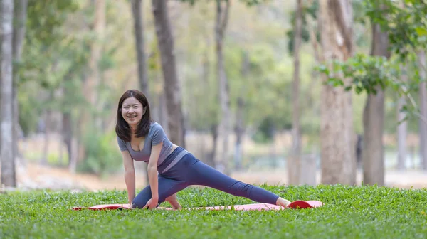 Ormanda yoga yapan Asyalı kadın, meditasyon ve nefes egzersizleri, dikkat eksikliğini tedavi edin ve zihninizi sakin, sağlıklı egzersiz, farkındalık, Homeopati, Park yogası için eğitin..