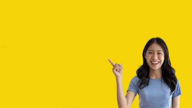 Asian woman pointing finger inviting click here, It is recommended to follow this direction or click on this link, Space for promotion here, Register or apply for membership, Click here.