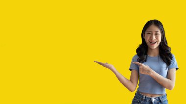 Asian woman with holding copyspace imaginary on the palm to insert an ad, Showing copyspace pointing, Showing her hand to present something on yellow background.