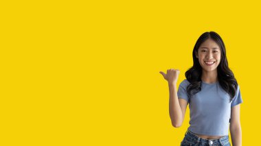 Asian woman pointing finger inviting click here, It is recommended to follow this direction or click on this link, Space for promotion here, Register or apply for membership, Click here.