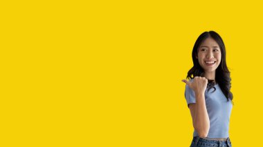 Asian woman pointing finger inviting click here, It is recommended to follow this direction or click on this link, Space for promotion here, Register or apply for membership, Click here.