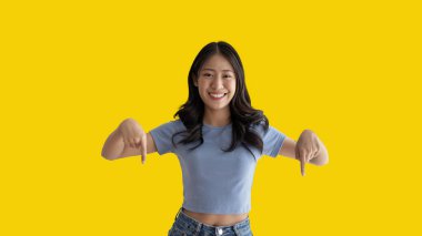 Asian woman pointing finger inviting click here, It is recommended to follow this direction or click on this link, Space for promotion here, Register or apply for membership, Click here.