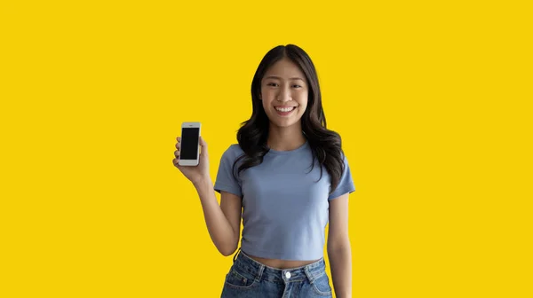 Call Sign Bright Young Asian Woman Inviting Call Isolated Yellow — ストック写真