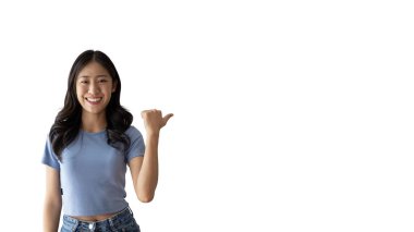 Asian woman pointing finger inviting click here, It is recommended to follow this direction or click on this link, Space for promotion here, Register or apply for membership, Click here.