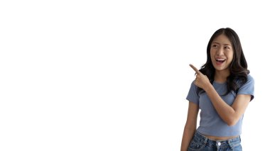 Asian woman pointing finger inviting click here, It is recommended to follow this direction or click on this link, Space for promotion here, Register or apply for membership, Click here, Click below.