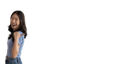 Asian woman pointing finger inviting click here, It is recommended to follow this direction or click on this link, Space for promotion here, Register or apply for membership, Click here.