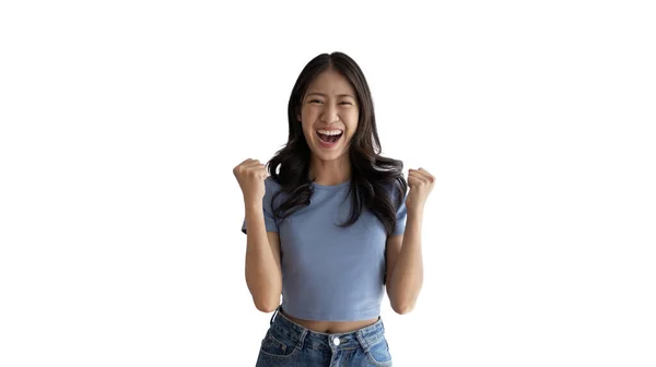 Mujer Asiática Posando Extremadamente Feliz Para Ganar Exitoso Mostrar Felicidad —  Fotos de Stock