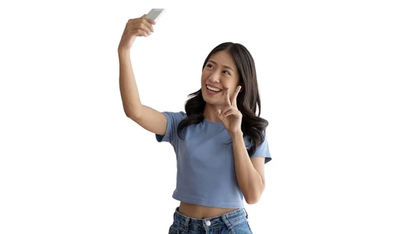 Cheerful Young Woman Taking Selfie Mobile Phone Raising Two Fingers — Stock Photo, Image