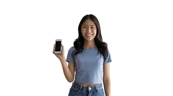 Žena Ukazuje Prstem Mobilní Telefon Ukažte Mobilní Telefon Doporučit Použití — Stock fotografie
