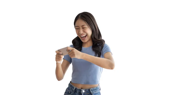 Азиатка Играет Игры Мобильном Телефоне Носит Наушники Весело Играть Игры — стоковое фото