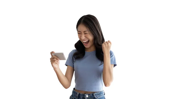 Mujer Asiática Jugando Juegos Teléfono Móvil Usando Auriculares Que Divierten — Foto de Stock