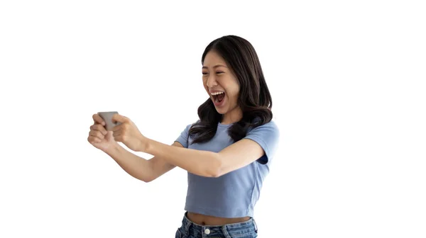 Asian Woman Playing Games Mobile Phone Wearing Headphones Having Fun — Stock Photo, Image